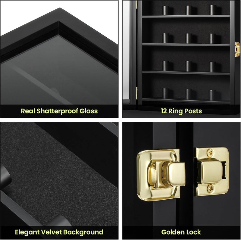 TJMOREE Championship Ring Display Case, 12 Ring Posts Baseball Ring Display Case, 8 x 10 Wall Mount Wooden Glass Shadow Box - Black - Image 3